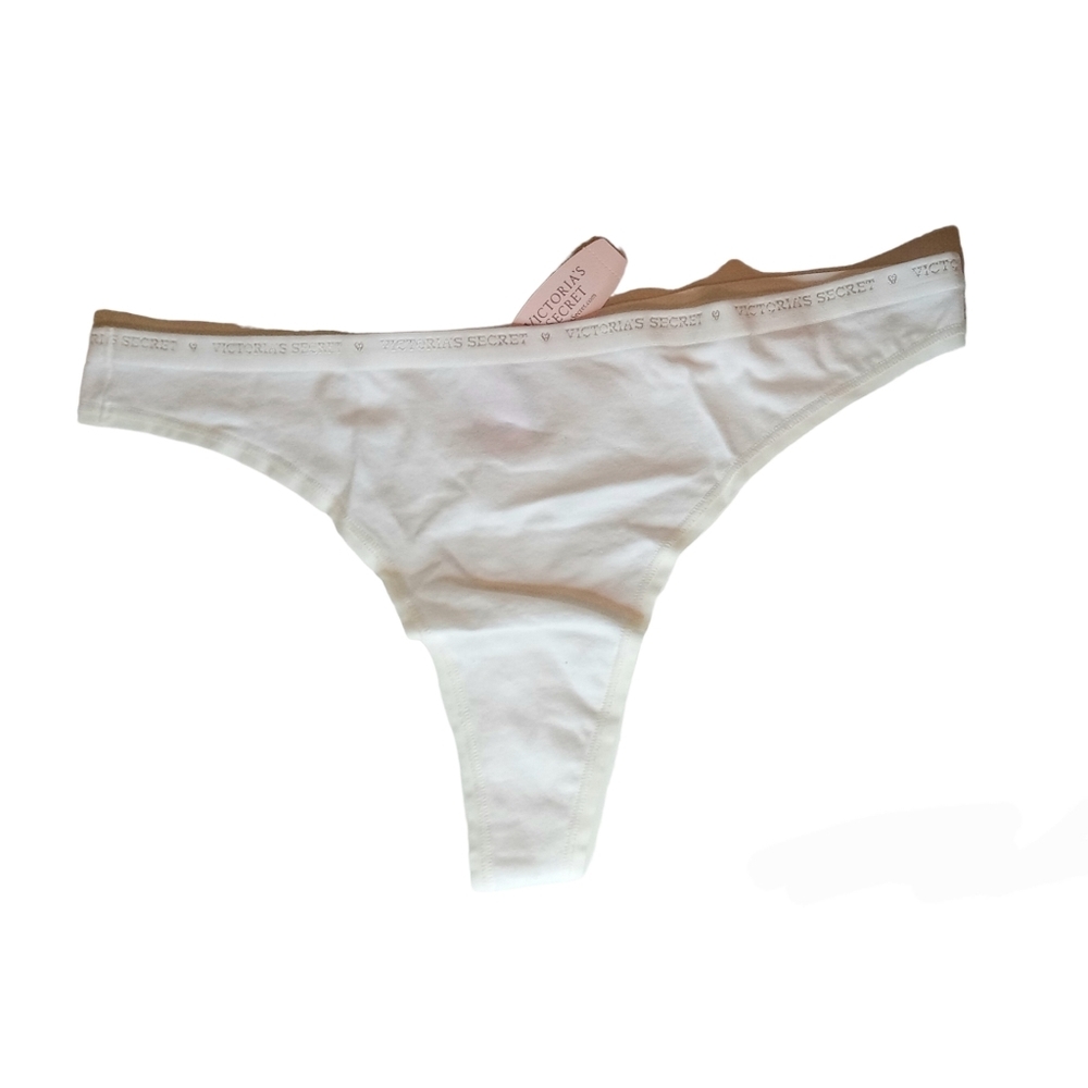 Victoria's Secret White Cotton Thong with Logo Waistband